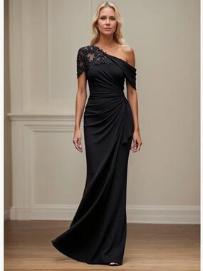 One Shoulder Mother of the Bride Formal Mermaid Dress Black Satin Wedding Guest